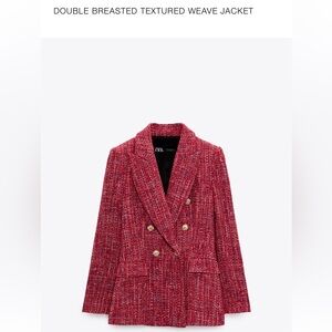 Zara Textured Weave Double Breasted Blazer Red White Blue Tweed Size Large NWOT
